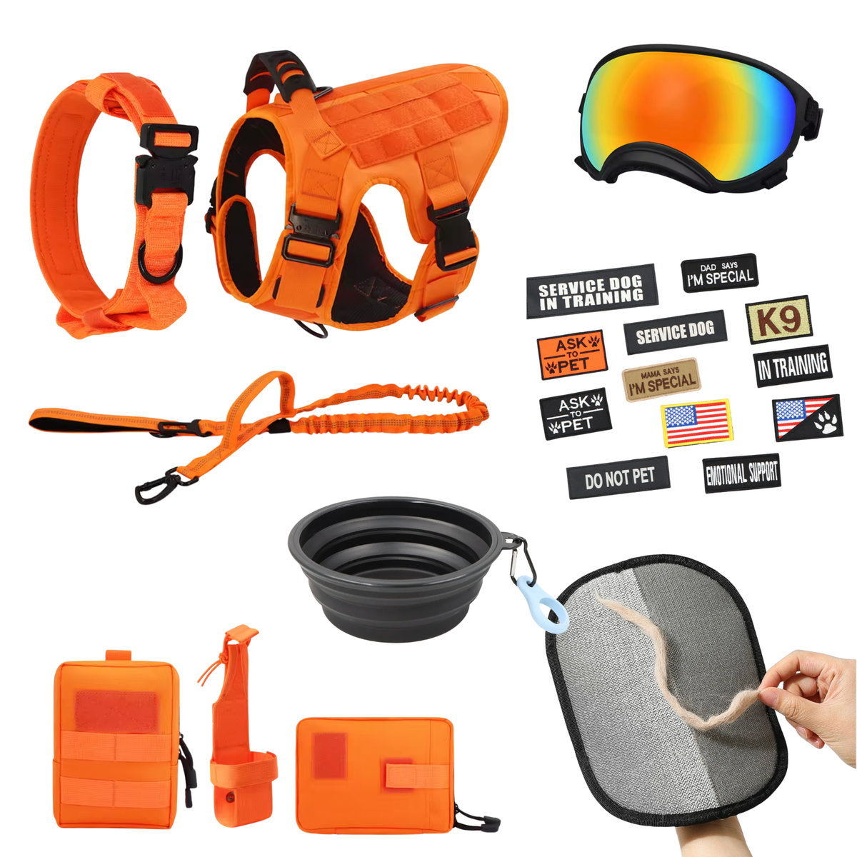 Flat lay of the orange 10-in-1 harness and matching gear