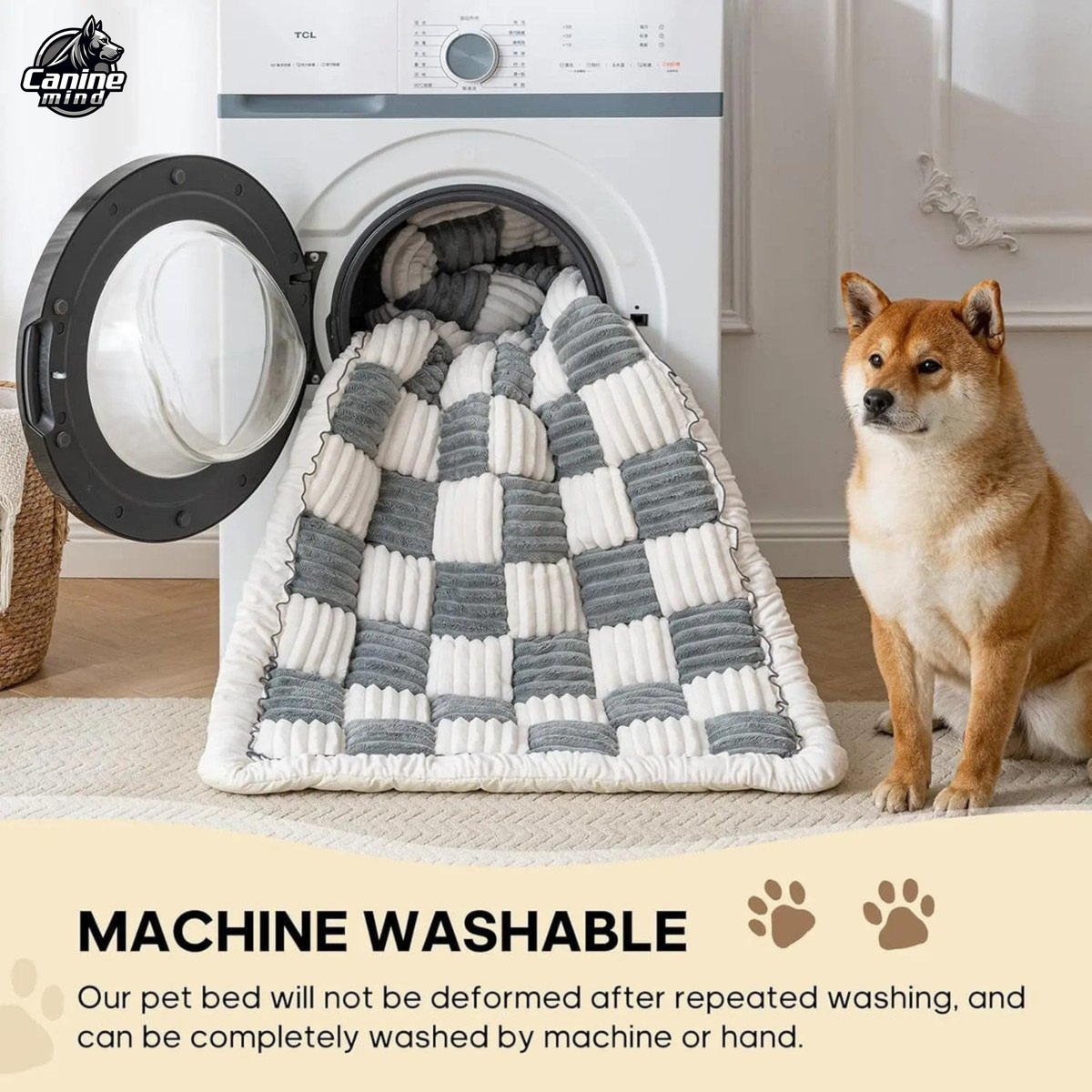 Person placing the dog bed cover in a washing machine