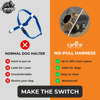Comparison graphic illustrating a front-clip no-pull harness versus a collar