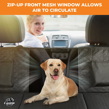 Graphic showing the zip-open mesh window between front and back seats