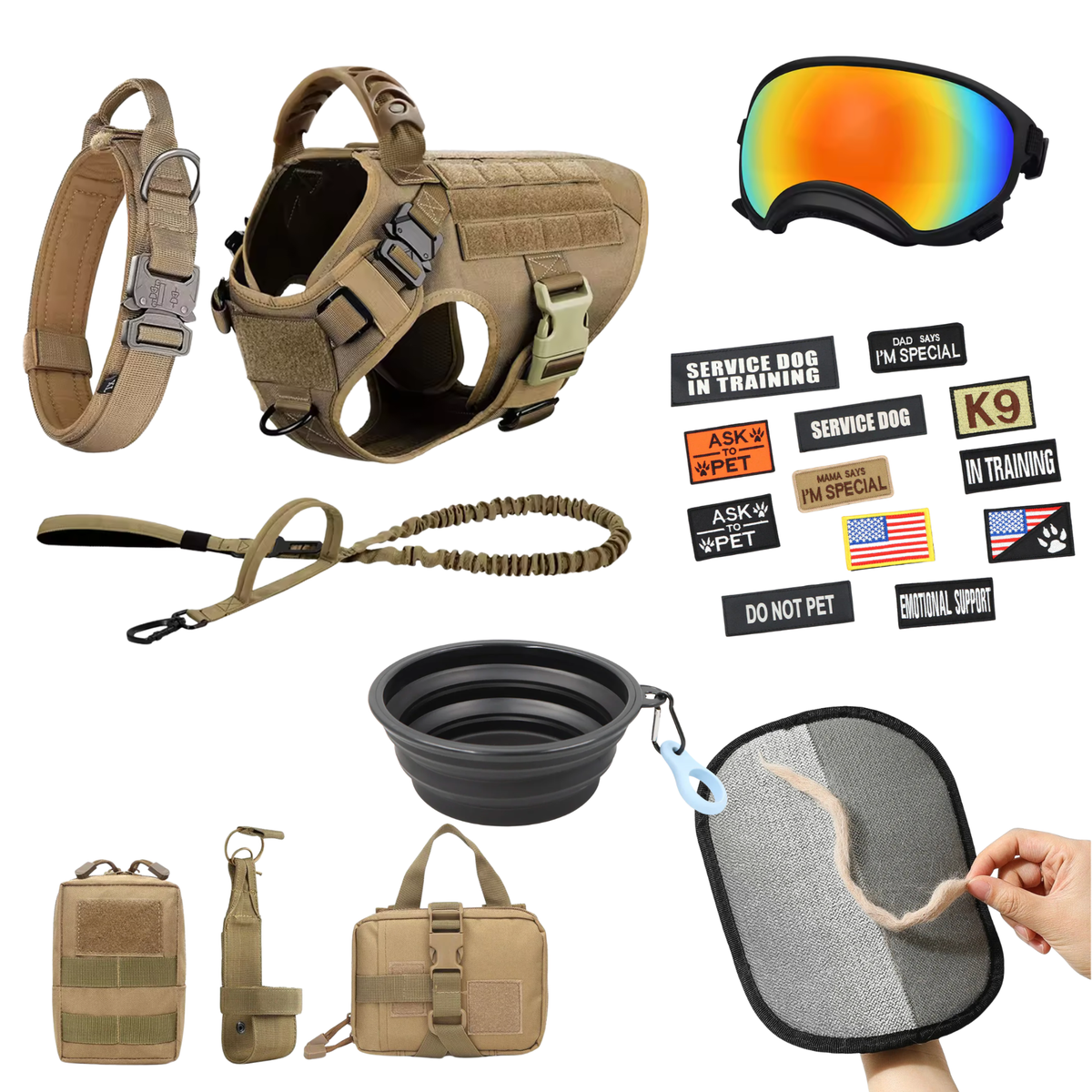 Flat lay of the camouflage 10-in-1 harness and matching gear