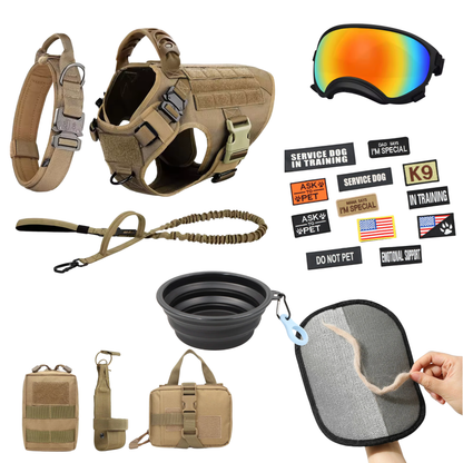 Flat lay of the camouflage 10-in-1 harness and matching gear