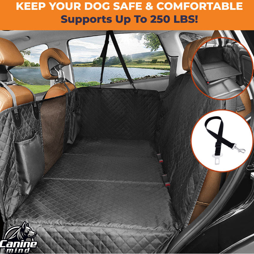 Diagram showing the car hammock installed across the back seat