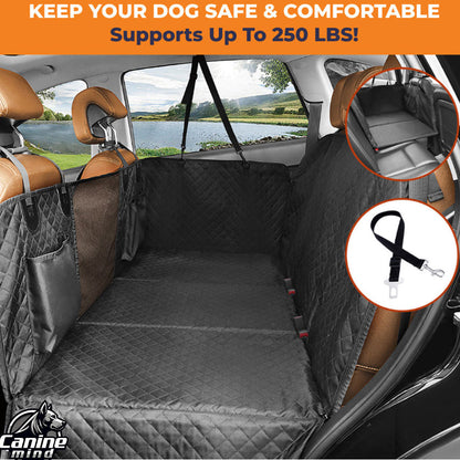 Diagram showing the car hammock installed across the back seat