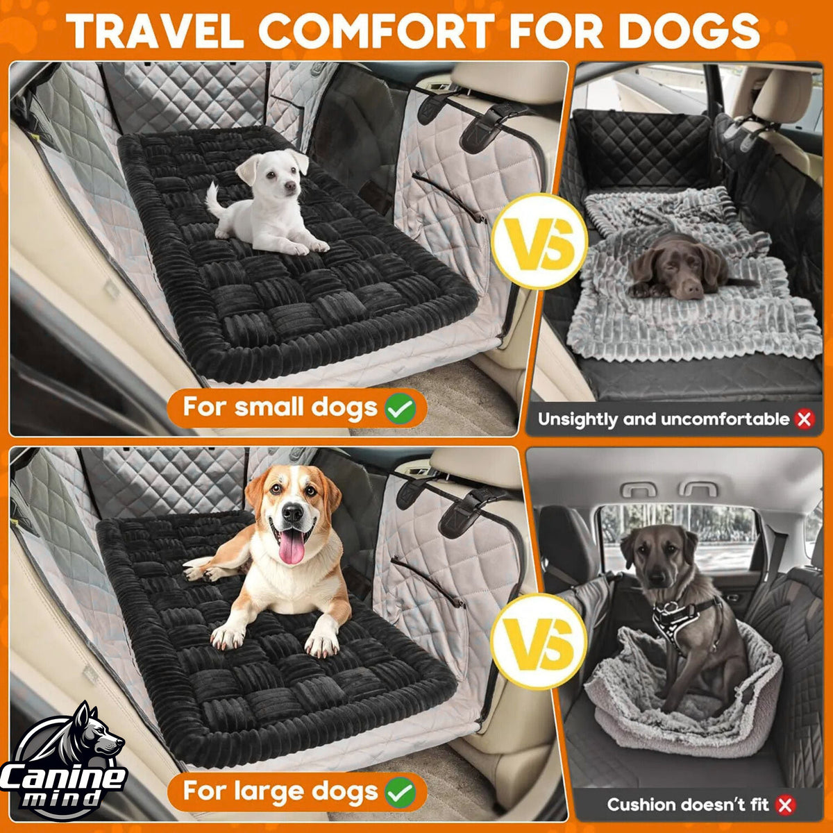 Travel comfort comparison showing bed options for different dog sizes