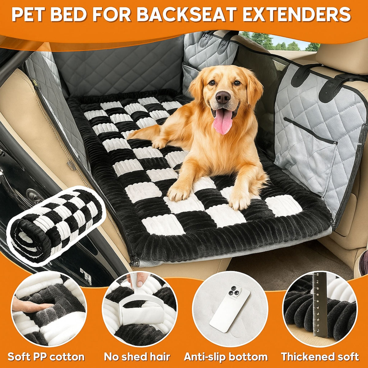 Graphic showing the dog bed fitting a back-seat extender