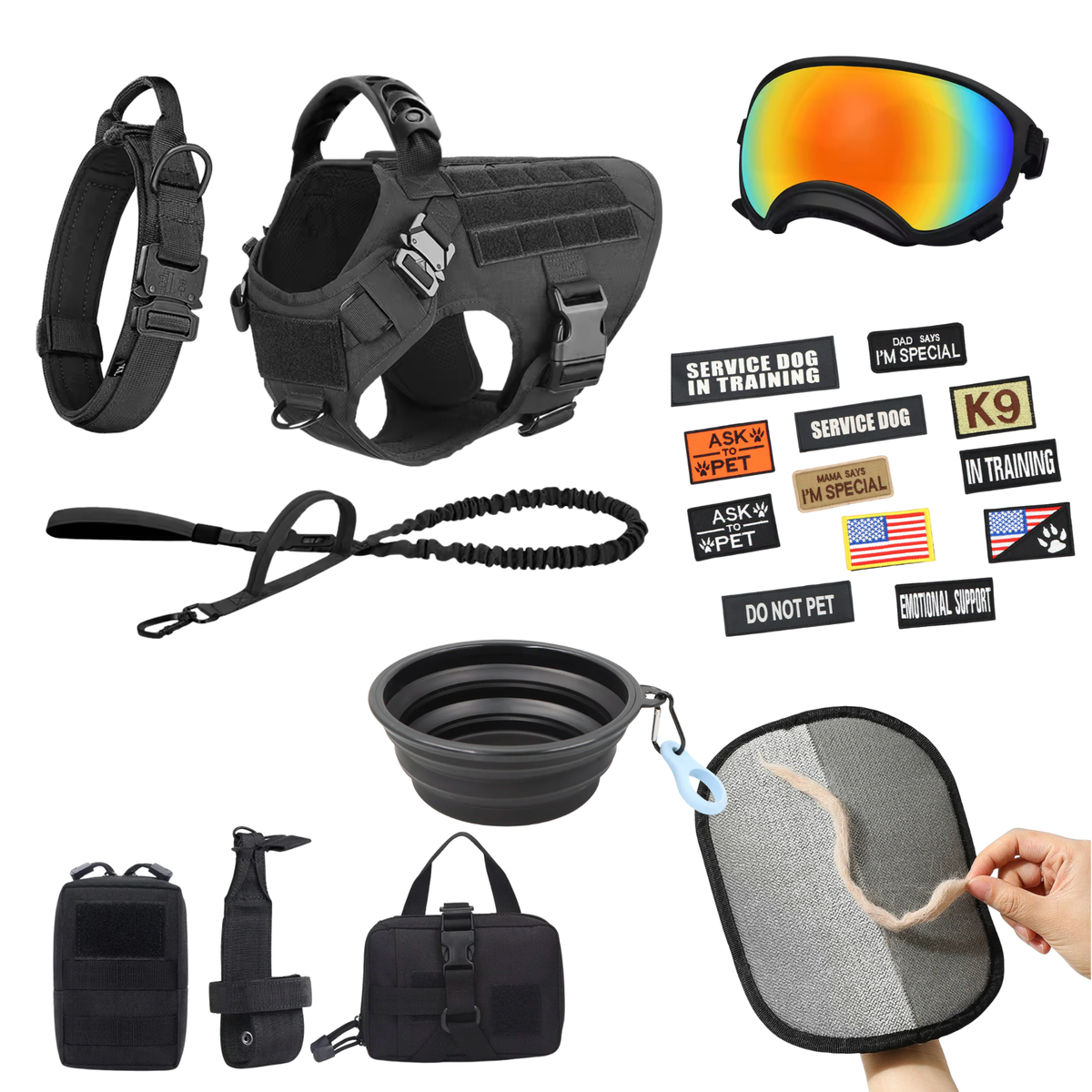 Flat lay of the black 10-in-1 harness and accessory bundle