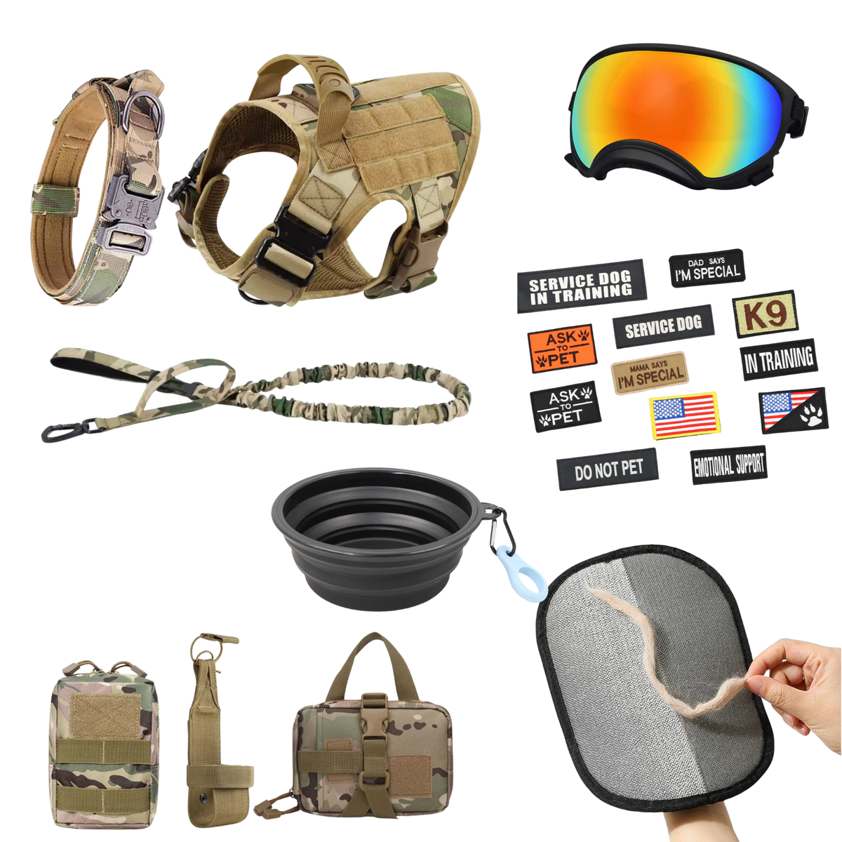 Flat lay of the 10-in-1 dog gear bundle with camouflage harness, leash, goggles and accessories