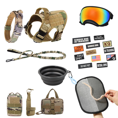 Flat lay of the 10-in-1 dog gear bundle with camouflage harness, leash, goggles and accessories