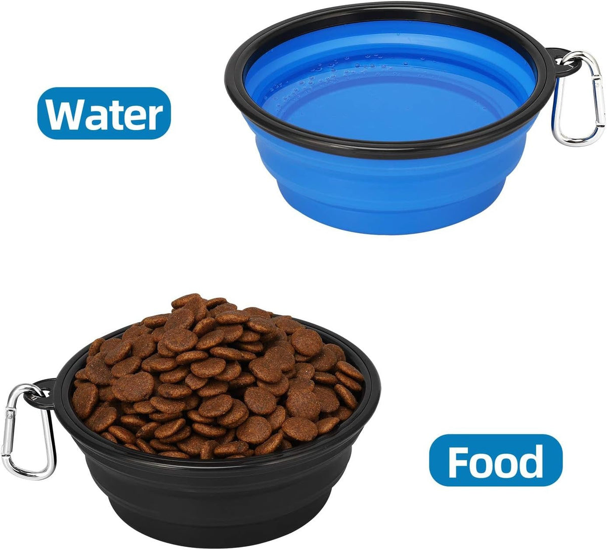 Blue travel bowl shown with water and dry dog food