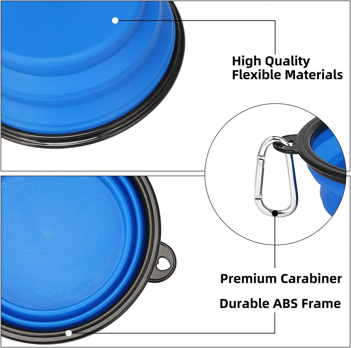 Close-up of the flexible bowl rim and metal carabiner clip