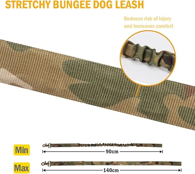 Measurement graphic showing the bungee leash’s listed extension