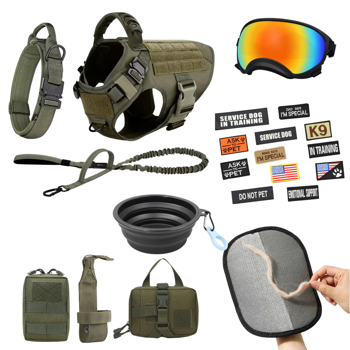 Flat lay of the green 10-in-1 harness and matching gear