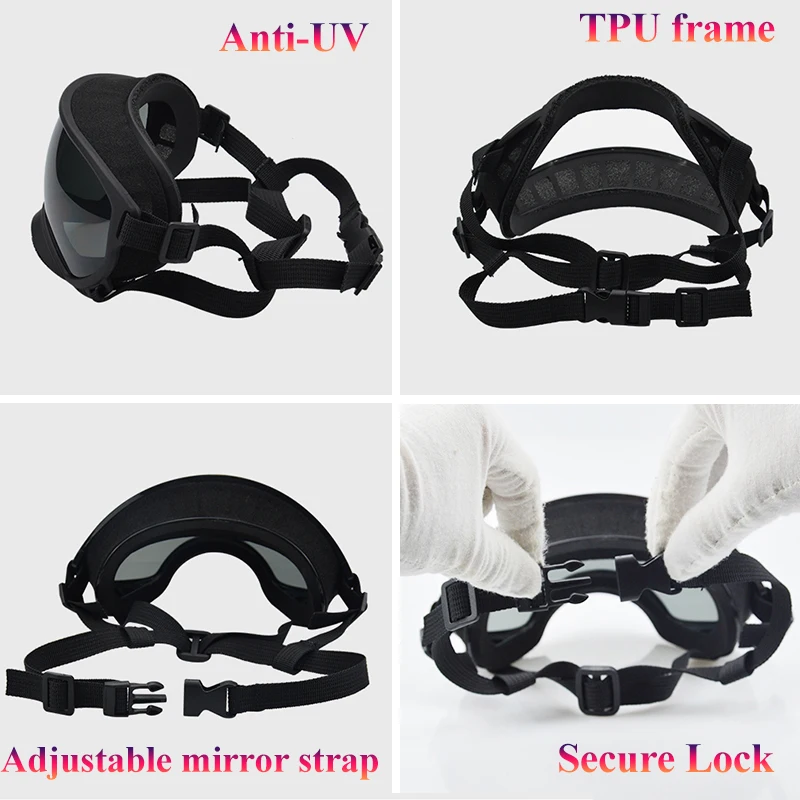 Feature diagram of the goggles’ TPU frame, UV lens and adjustable straps