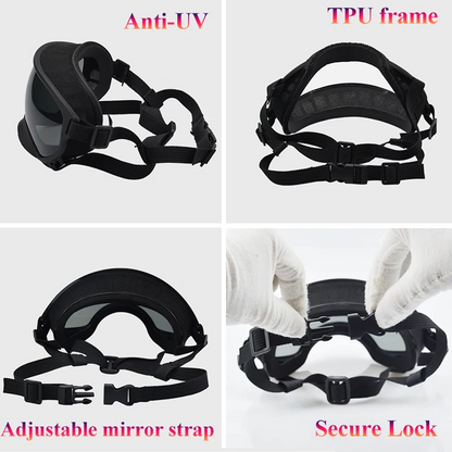 Feature diagram of the goggles’ TPU frame, UV lens and adjustable straps