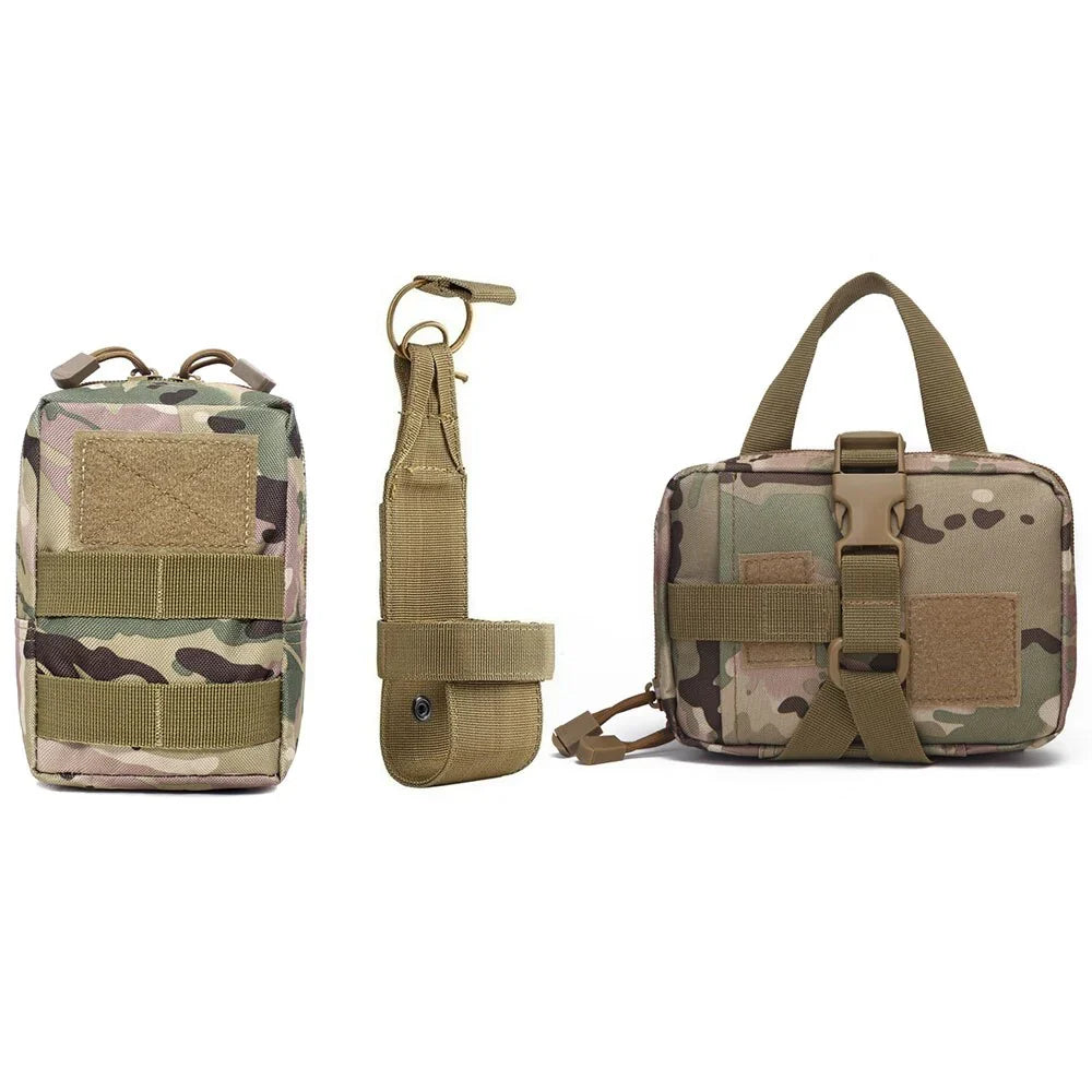 Flat lay of camouflage MOLLE pouches and matching straps