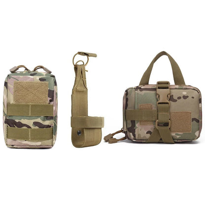 Flat lay of camouflage MOLLE pouches and matching straps