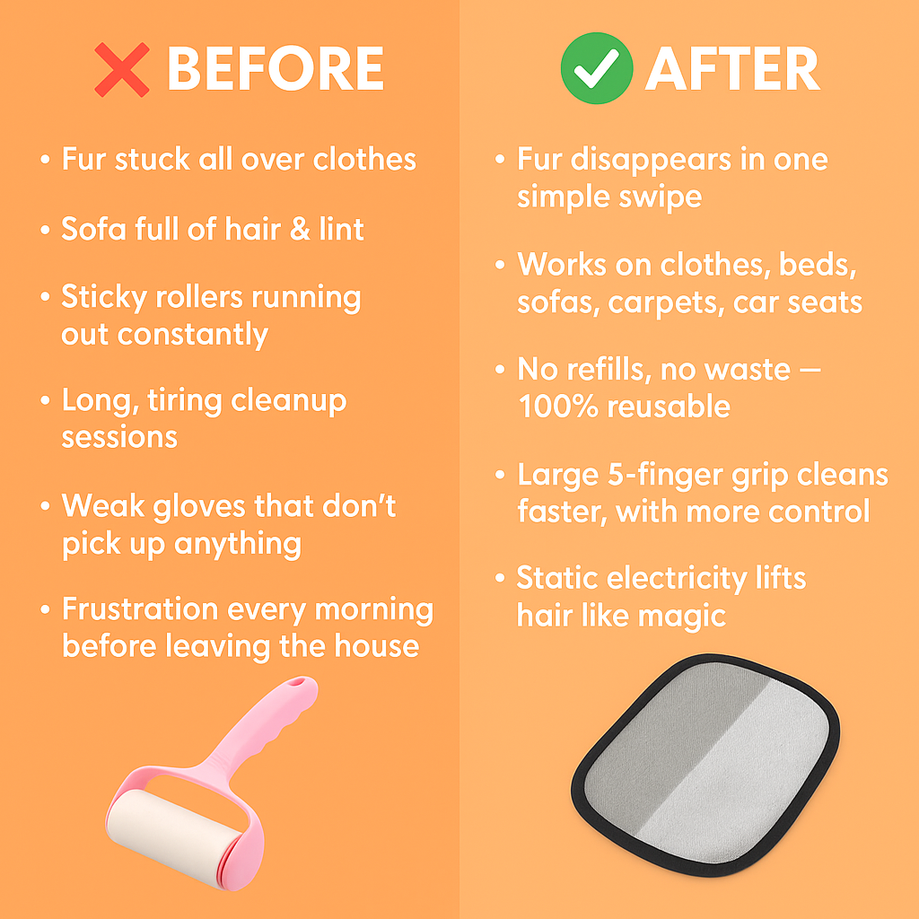 Comparison graphic showing the glove cleaning fur versus a sticky roller
