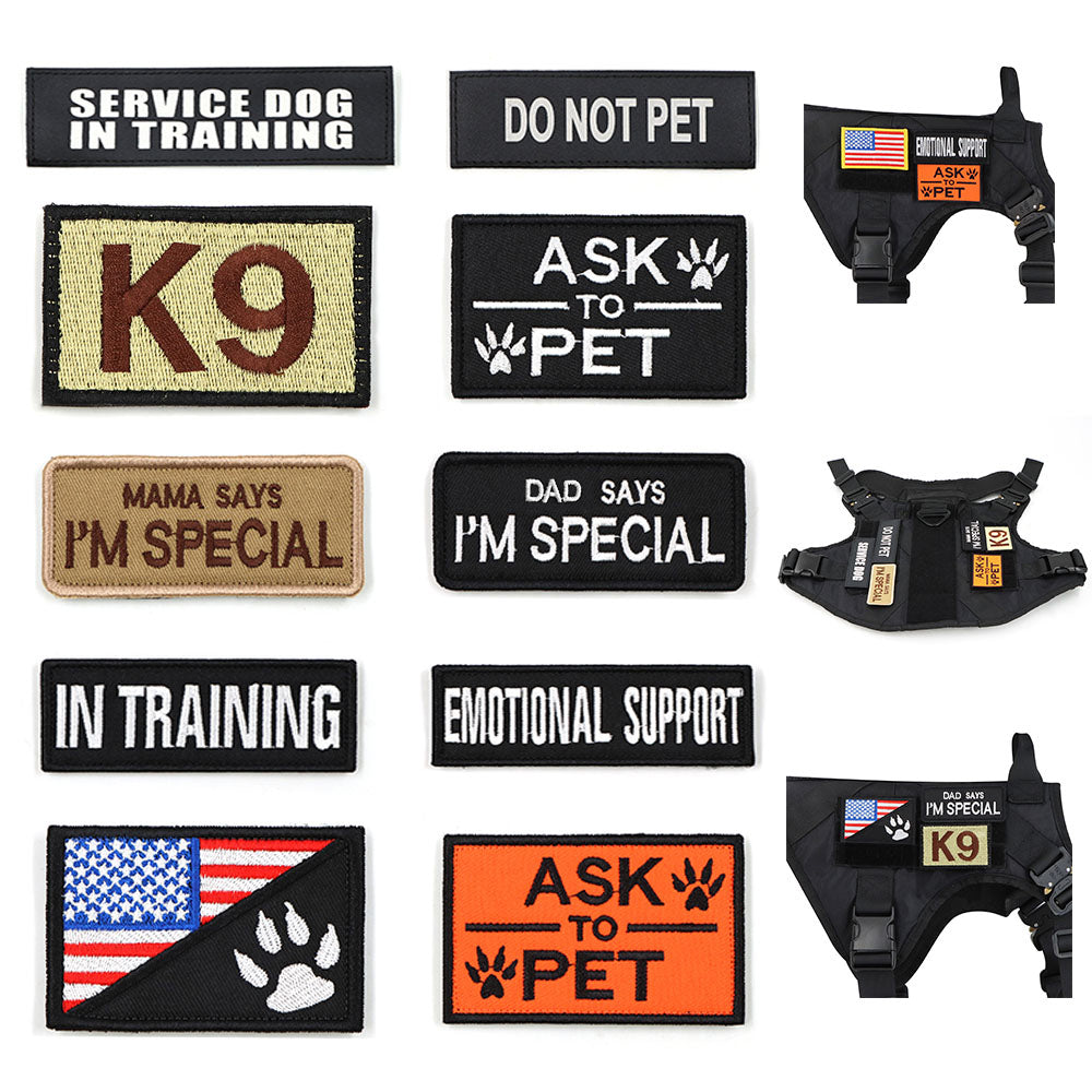 Flat lay of the 12-piece service dog patch set