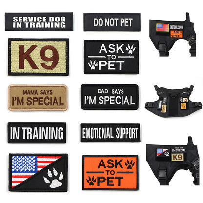 Flat lay of the 12-piece service dog patch set