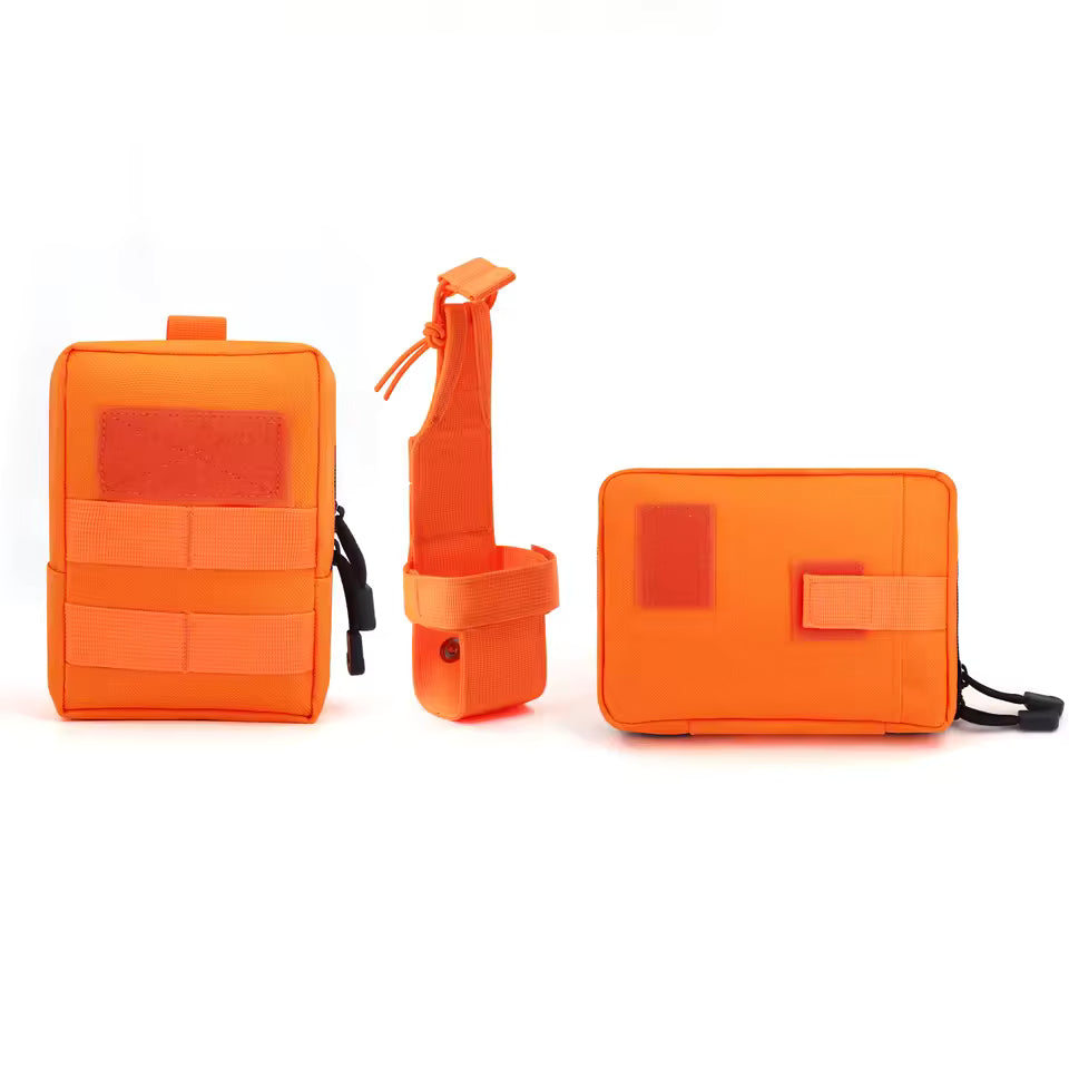 Flat lay of orange MOLLE pouches