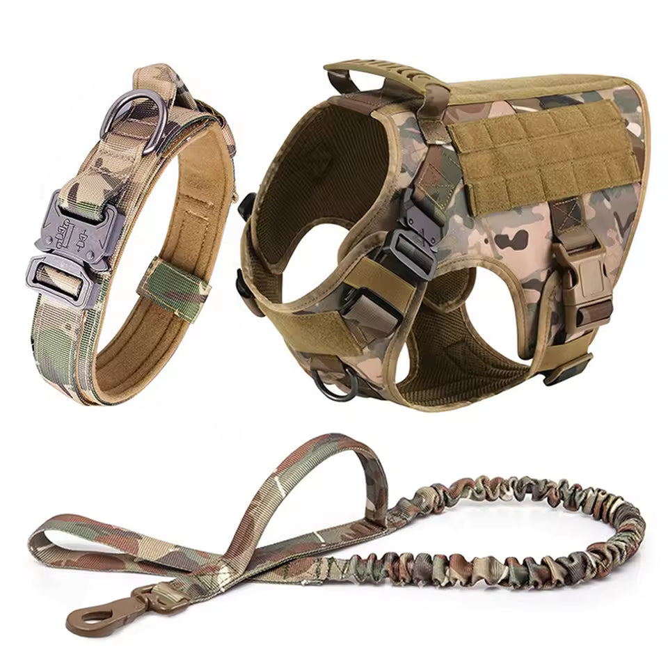 Flat lay of the Mission-Ready 3-Piece Set with harness, leash and collar
