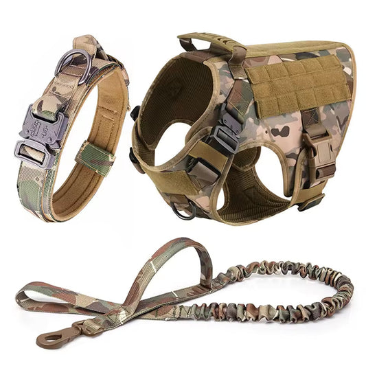 Flat lay of the Mission-Ready 3-Piece Set with harness, leash and collar