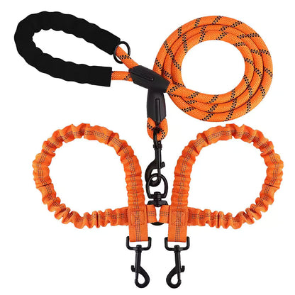 Orange double dog leash with two bungee branches