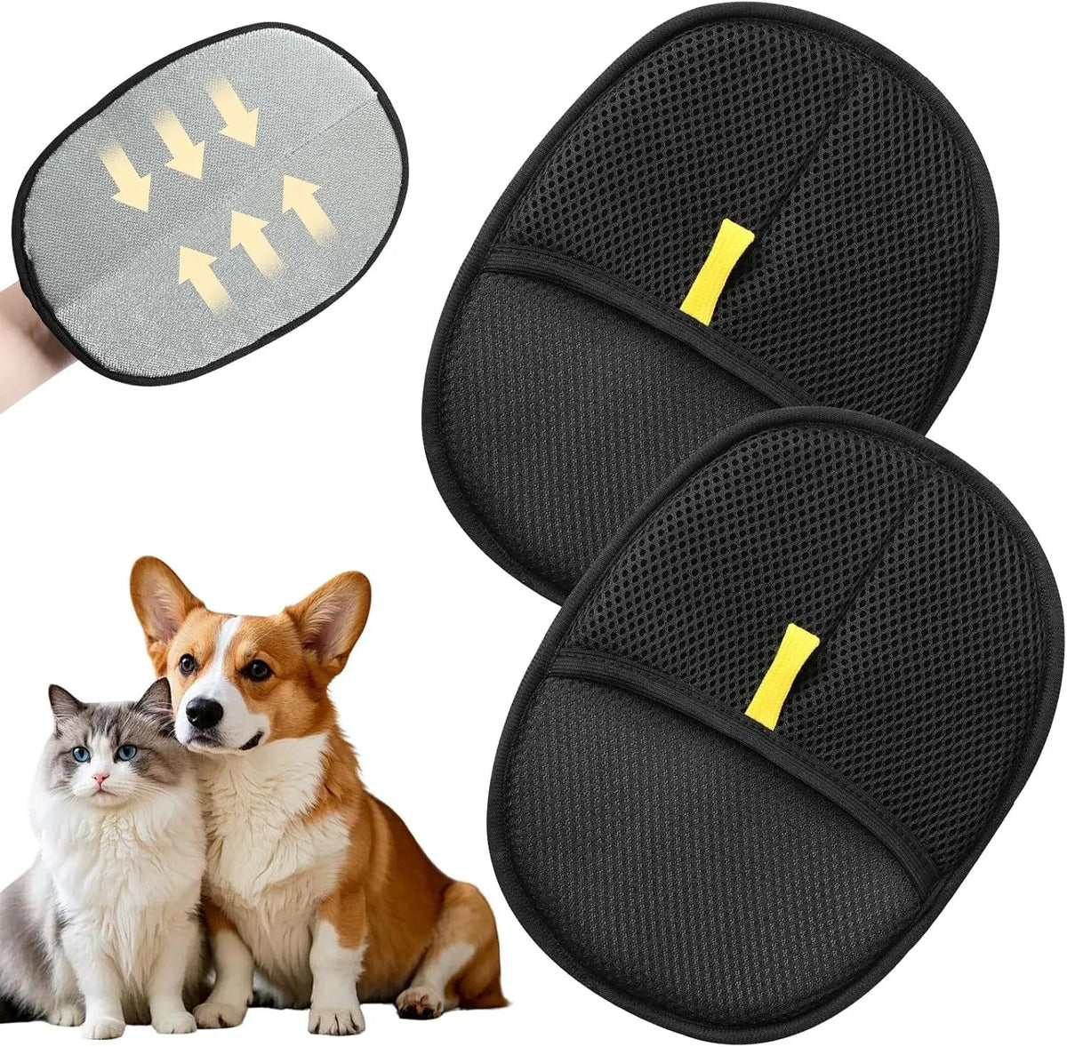 Two pet hair removal gloves shown with a dog and cat