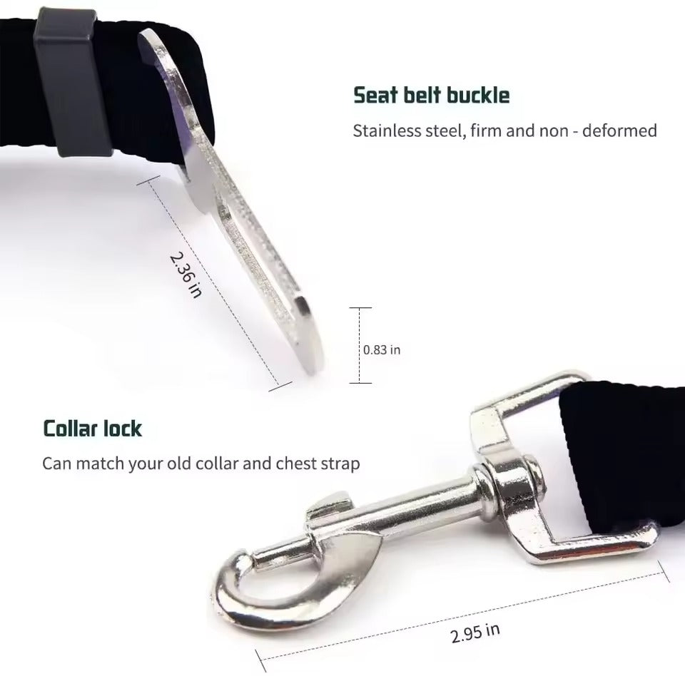 Close-up graphic of the metal car-buckle tab and tether clip with dimensions