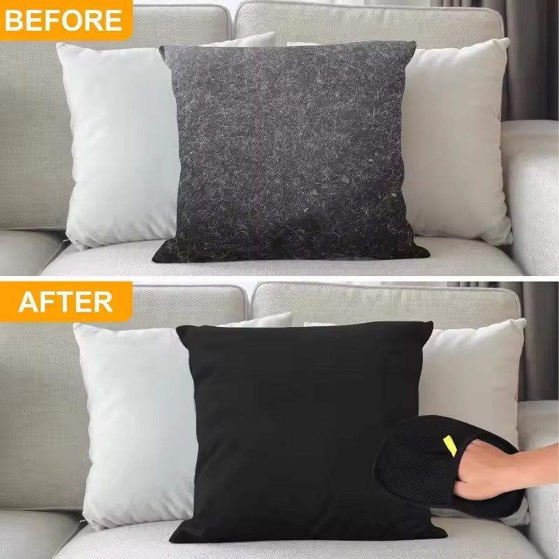 Before-and-after photo of pet hair on a couch cushion