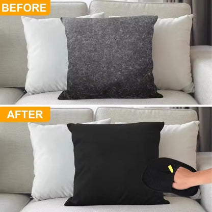 Before-and-after photo of pet hair on a couch cushion