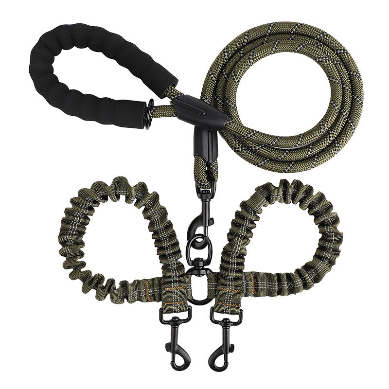 Olive green double dog leash with two bungee branches
