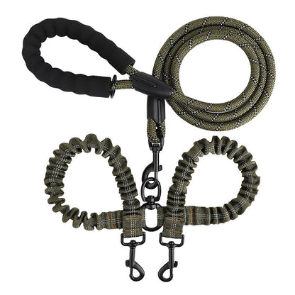 Olive green double dog leash with two bungee branches
