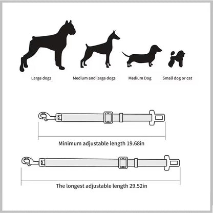 Diagram showing dog-size silhouettes beside the tether's adjustable length