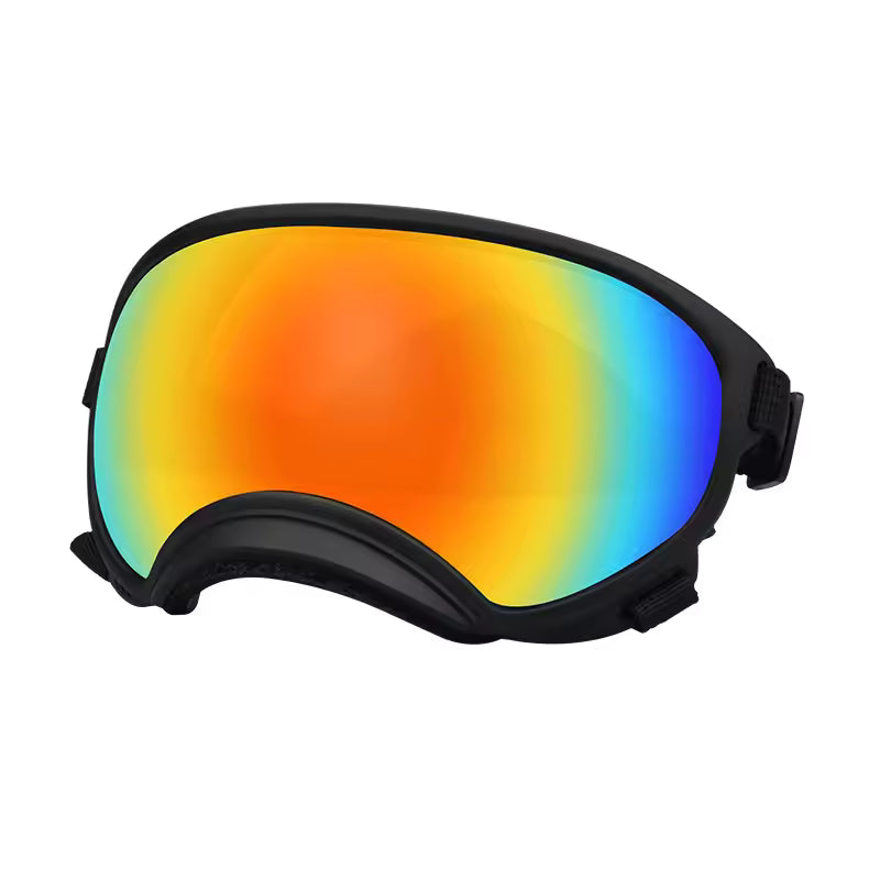 Front view of wraparound dog goggles with a mirrored orange lens