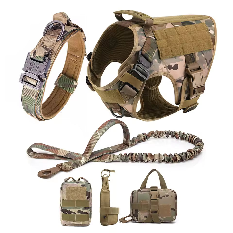 Flat lay of the All-In-One Kit with camouflage harness and matching accessories