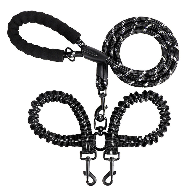 Black double dog leash with two bungee branches