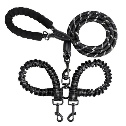 Black double dog leash with two bungee branches