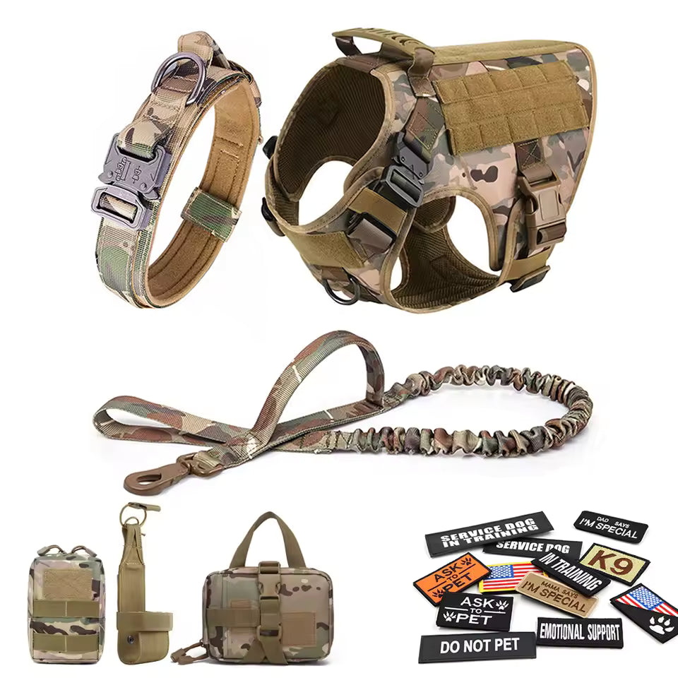 Flat lay of the Ultimate Control Set with camouflage harness, leash and accessories