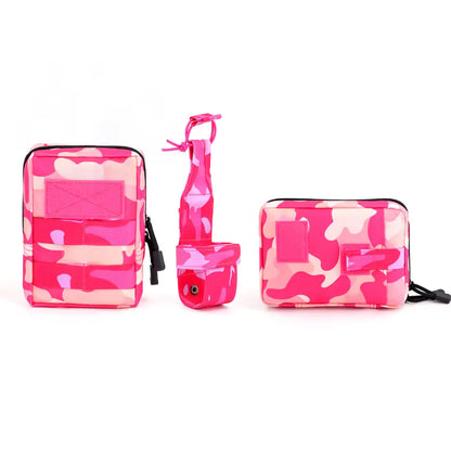 Flat lay of pink camouflage MOLLE pouches
