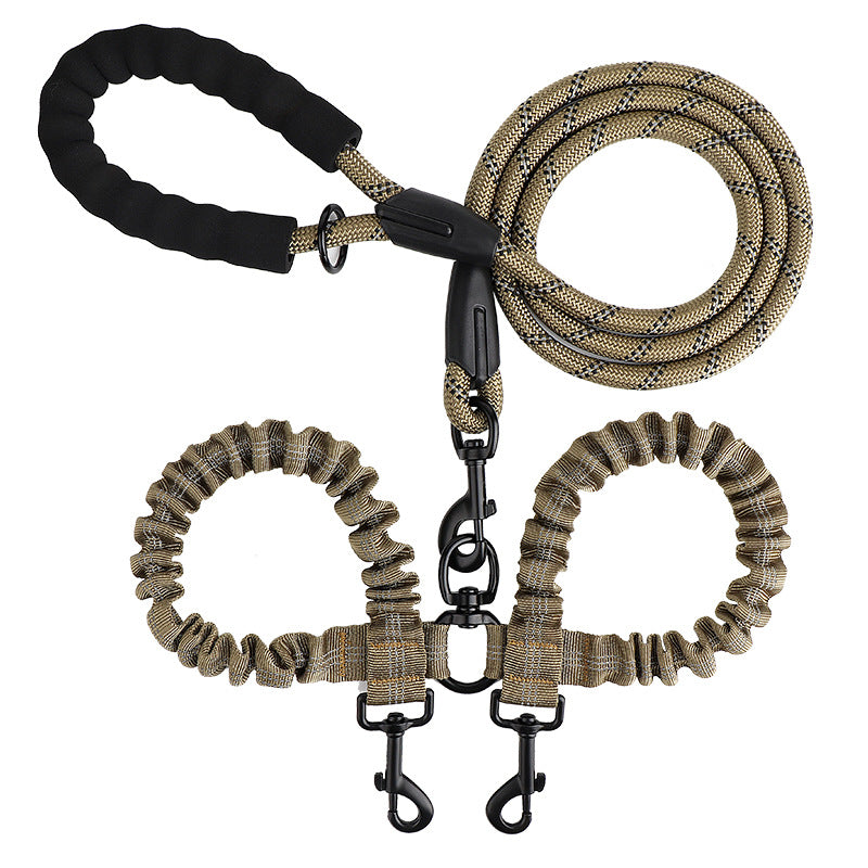 Tan double dog leash with two bungee branches