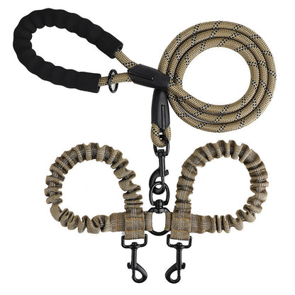 Tan double dog leash with two bungee branches