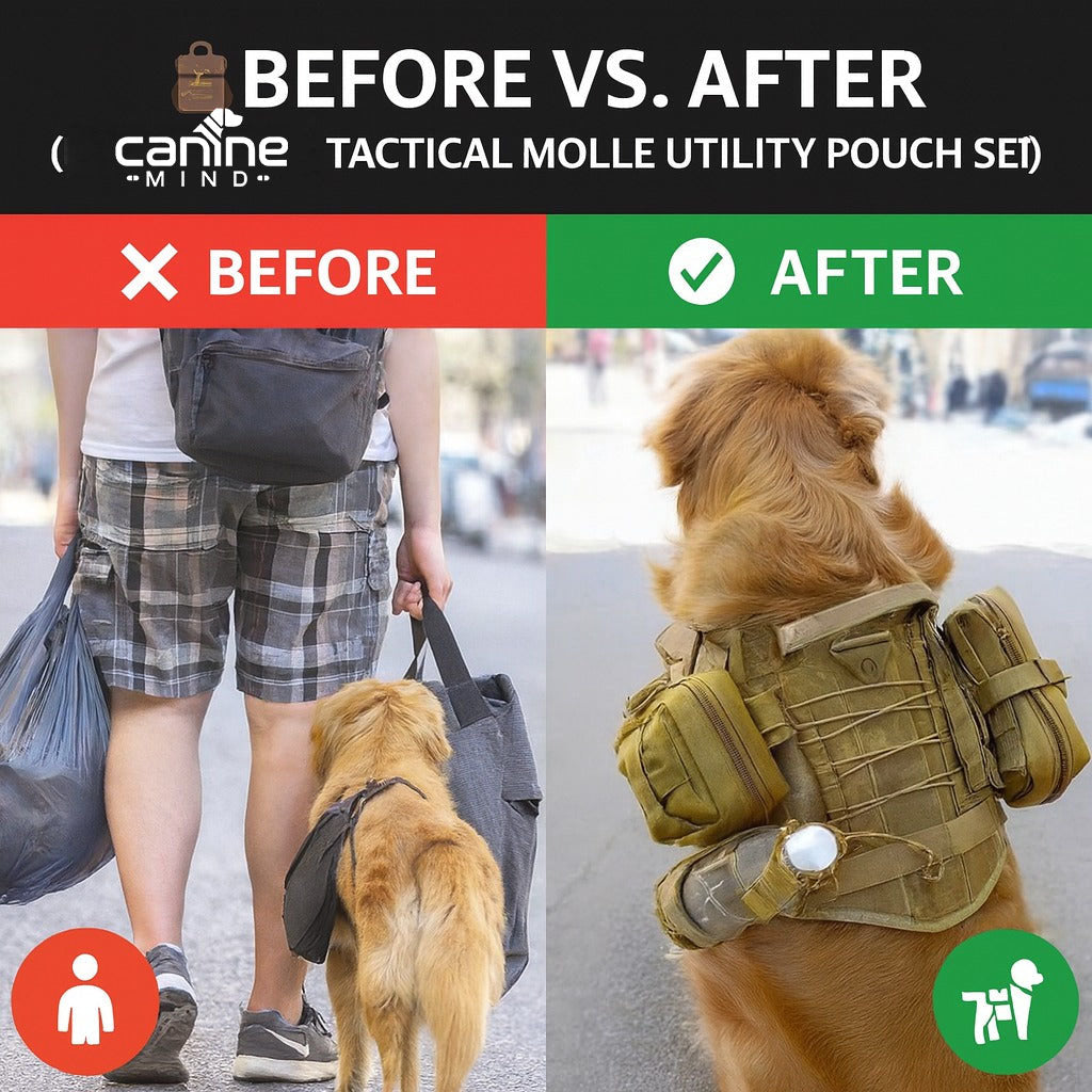 Before-and-after photo of a dog wearing a harness with a pouch