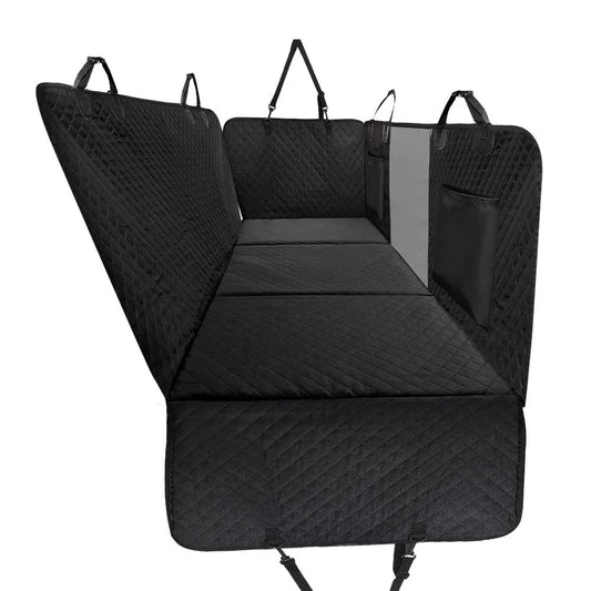 Black hard-bottom dog car hammock shown folded out