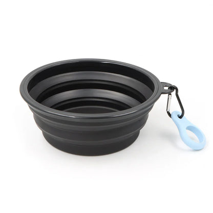 Black collapsible silicone dog bowl with blue carabiner