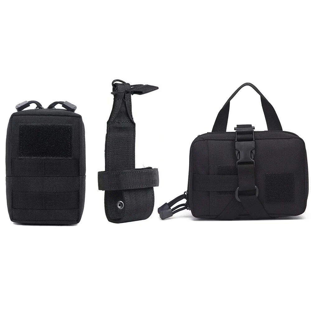 Flat lay of three black MOLLE pouches and attachment straps