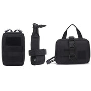 Flat lay of three black MOLLE pouches and attachment straps