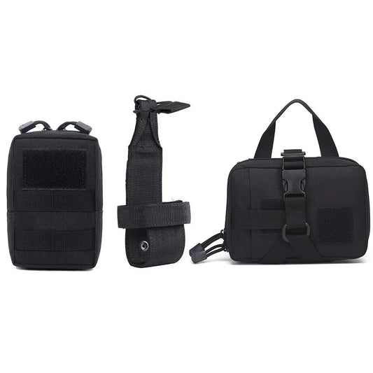 Flat lay of three black MOLLE pouches and attachment straps