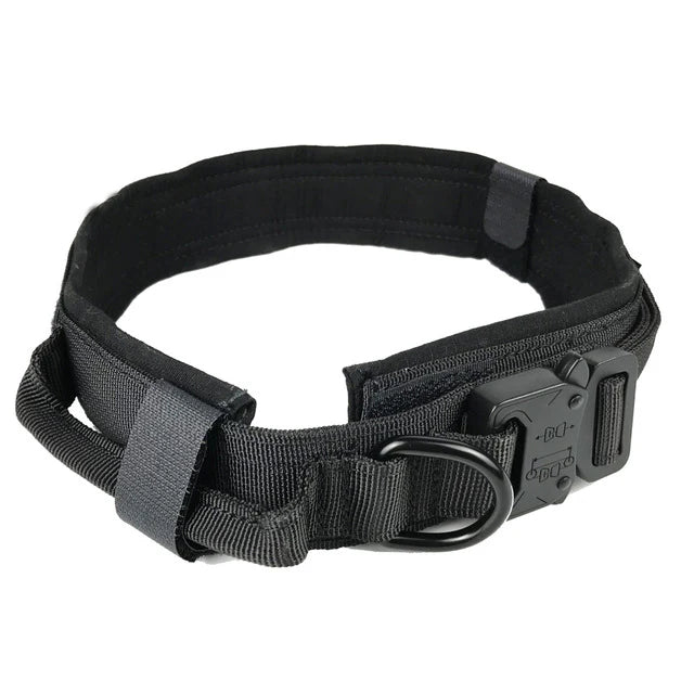 Black tactical dog collar with metal buckle and control handle